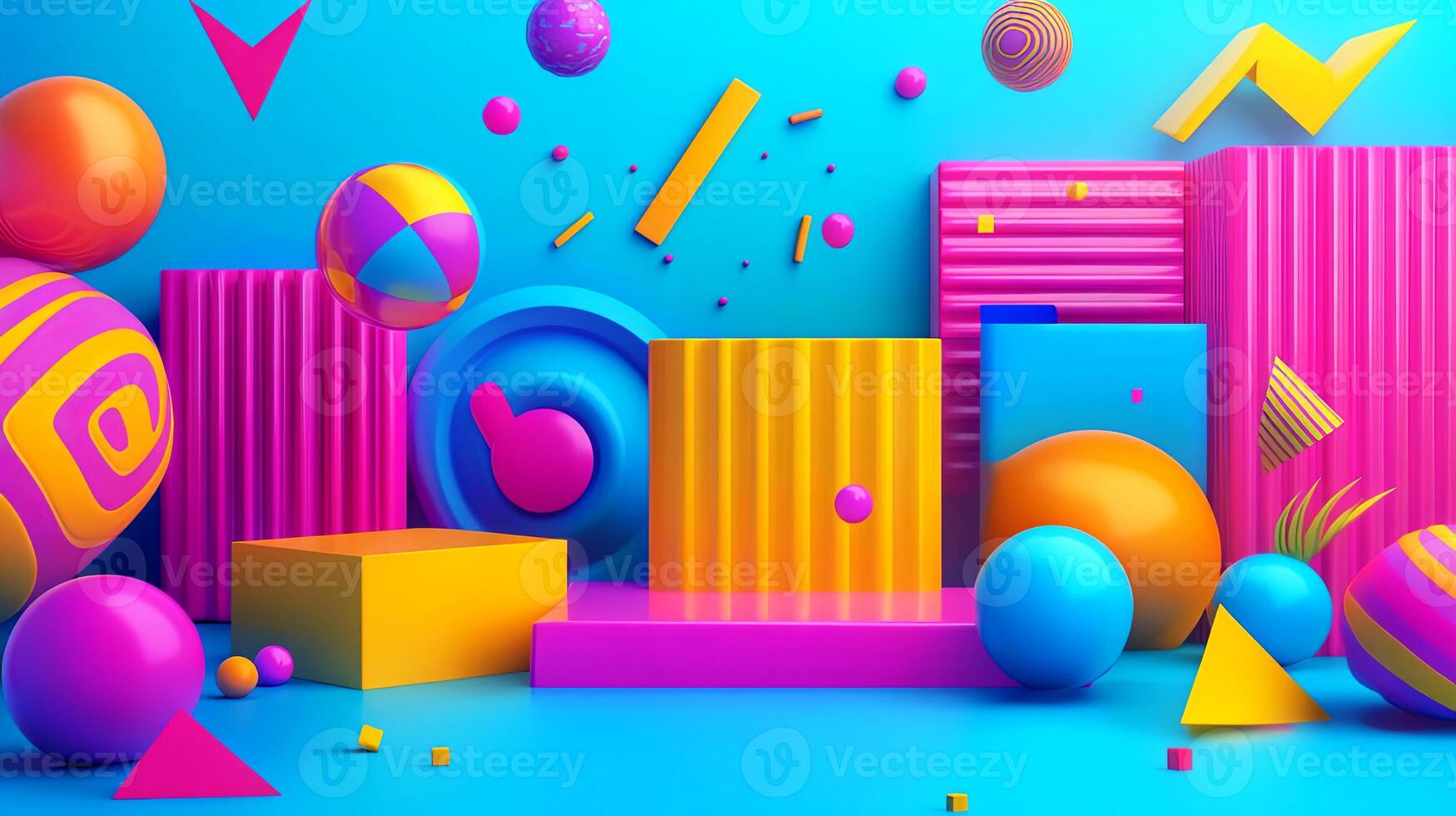 3d rendering of colorful cubes and shapes on a blue background photo