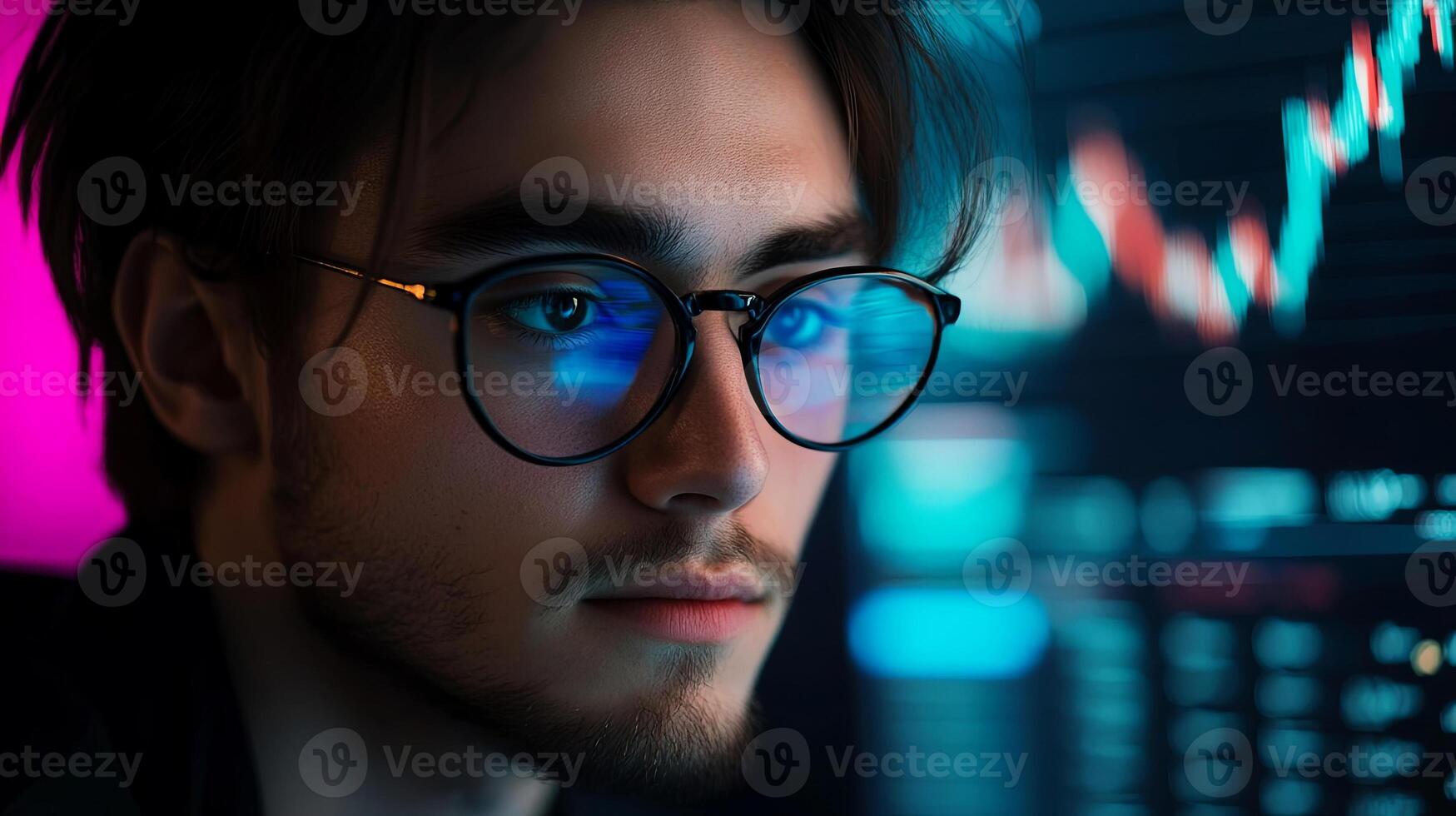 Young man with glasses focused on digital financial data analysis, illuminated by colorful screens, showcasing modern technology and analytical skills in a contemporary workspace photo