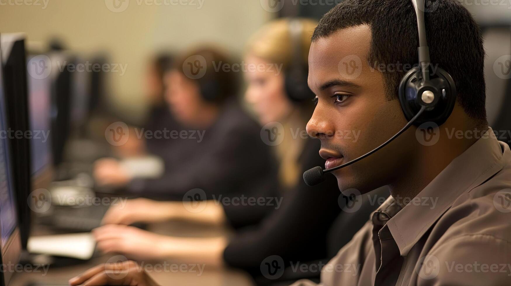 African American man wearing headset is engaged in customer support at a call center, focused on computer screen, with colleagues working in the background, showcasing teamwork and communication photo