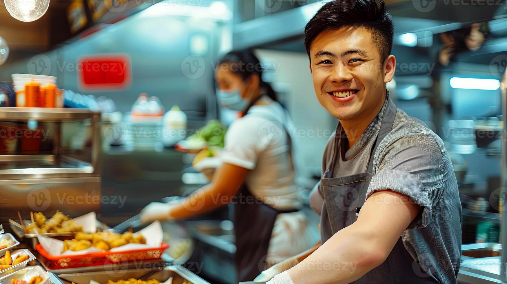 Smiling Asian man in gray apron prepares delicious food in a bustling kitchen, with trays of fried items and a colleague working in the background, showcasing culinary teamwork and vibrant atmosphere photo