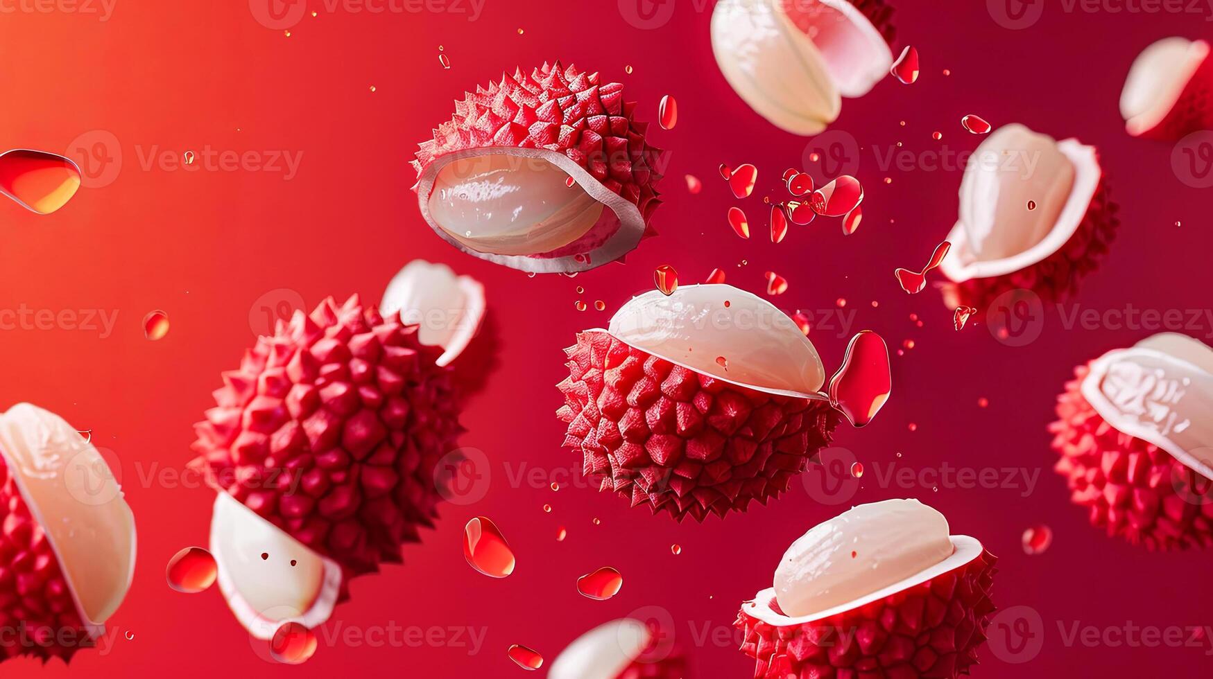 Vibrant red lychee fruits with textured skin and translucent flesh are floating against a gradient background, showcasing their unique appearance and juicy interior photo