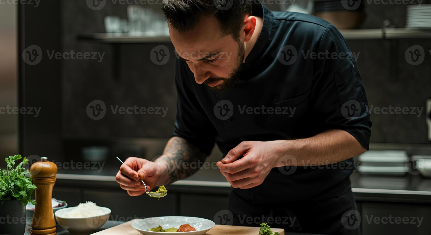 Male chef in black uniform meticulously plating gourmet dish in modern kitchen, showcasing culinary skills and attention to detail in a professional environment photo