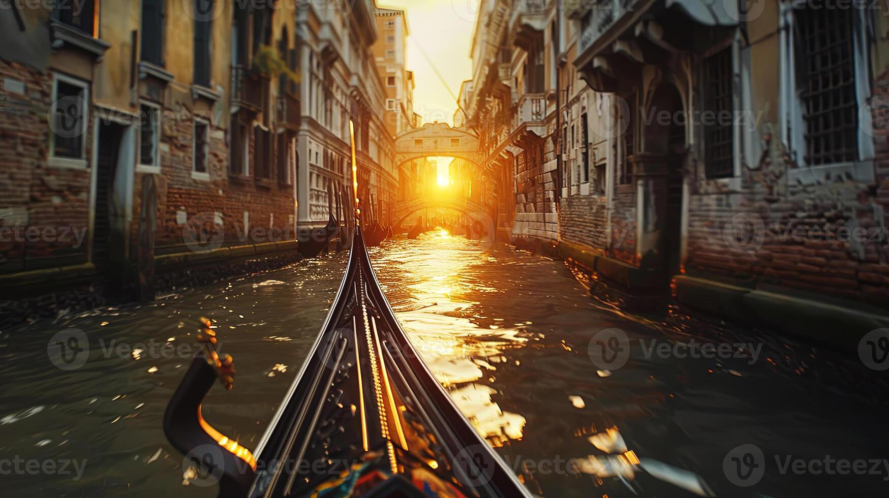 . Gondola gliding through narrow canal in historic city, with warm sunset illuminating the water and ancient buildings, creating a serene and picturesque atmosphere photo