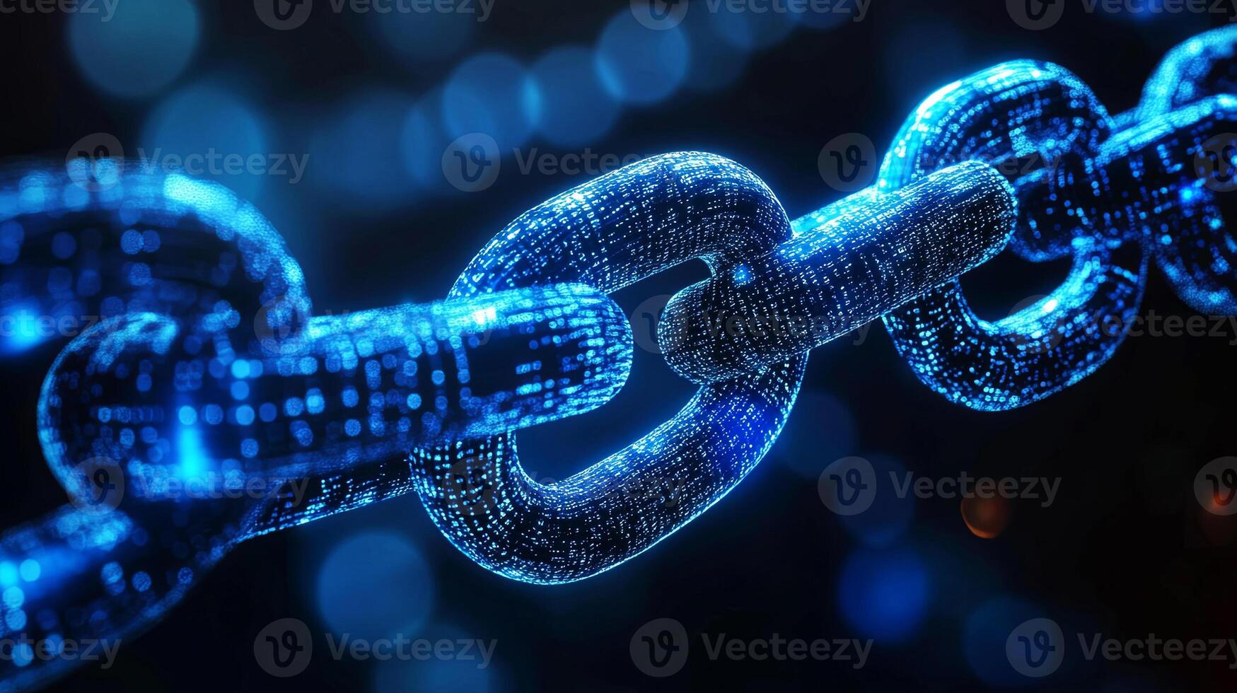 Digital chain link composed of glowing blue data streams, representing blockchain technology and secure connections in a futuristic digital environment with abstract elements photo
