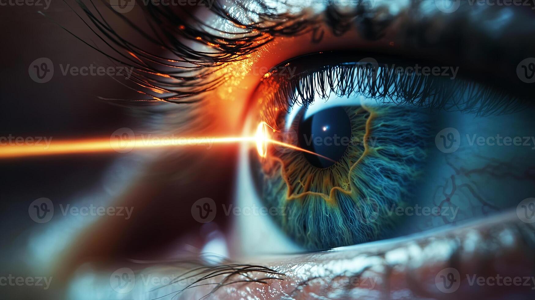 Close-up of a human eye with a laser beam targeting the pupil, showcasing intricate details of the iris and eyelashes, highlighting advanced technology in vision correction procedures photo