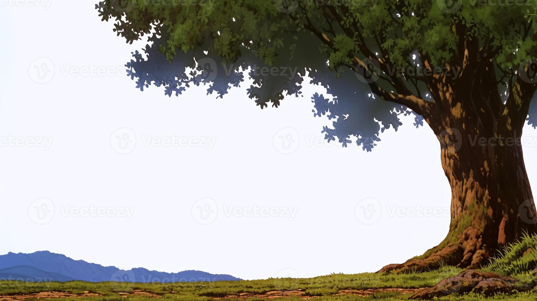 Large, majestic tree with a thick trunk and lush green foliage stands prominently on a grassy hill, surrounded by distant mountains and a clear blue sky, creating a serene landscape photo