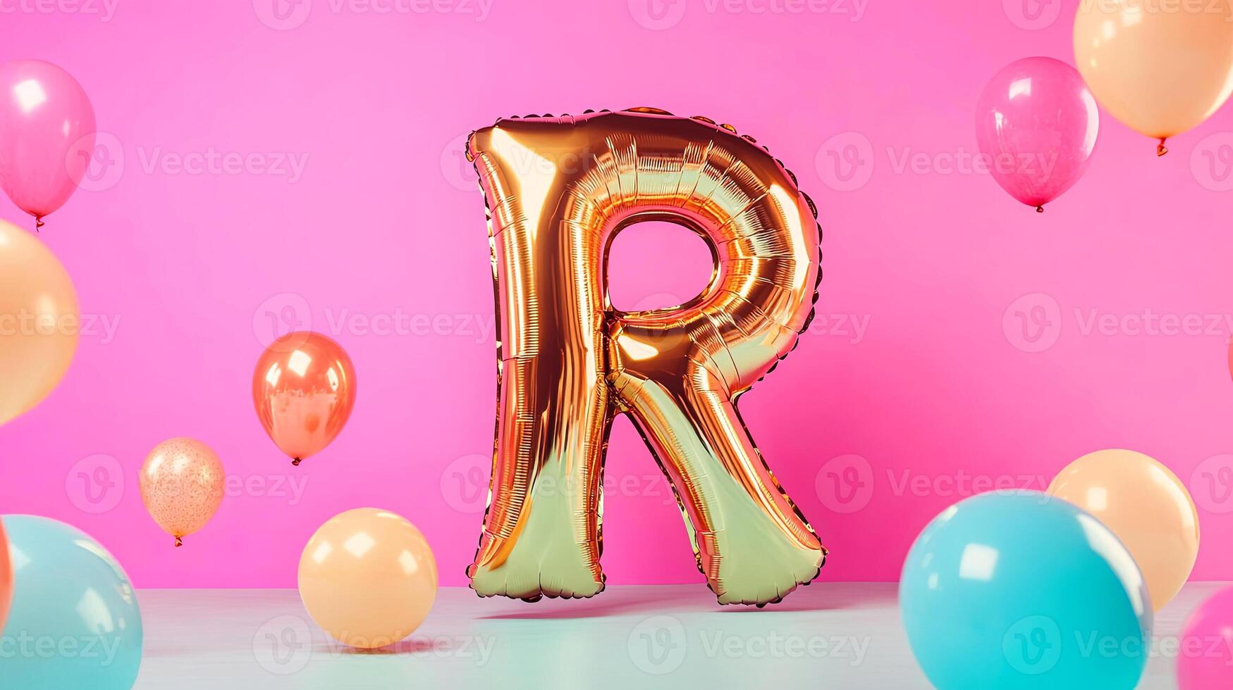 Large golden letter R balloon stands prominently against a vibrant pink background, surrounded by colorful balloons, creating a festive and cheerful atmosphere for celebrations photo
