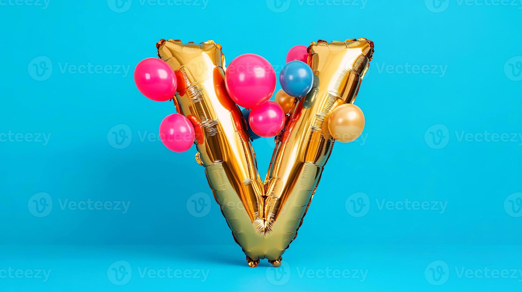 Golden letter V balloon surrounded by colorful balloons on a bright blue background, creating a festive atmosphere for celebrations and special occasions photo