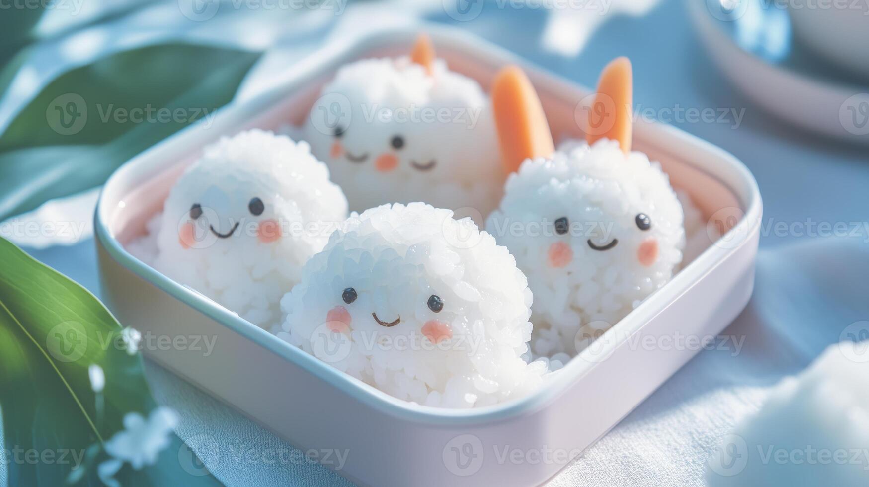 Rice with carrots and bunny faces in a pink container photo