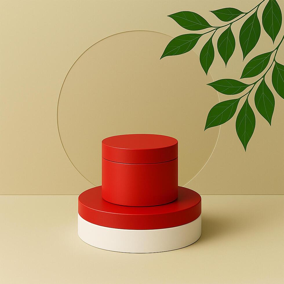 An elegant display with a white base pedestal, accented by Cherry Red highlights and Alpine Oat backgrounds, creating a bold yet grounded look. photo