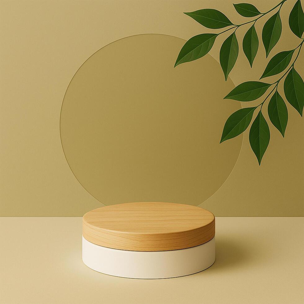 A minimalist product display featuring a round wooden pedestal with a white base, set against a backdrop of Alpine Oat hues, complemented by Dill Green foliage for an eco friendly aesthetic. photo