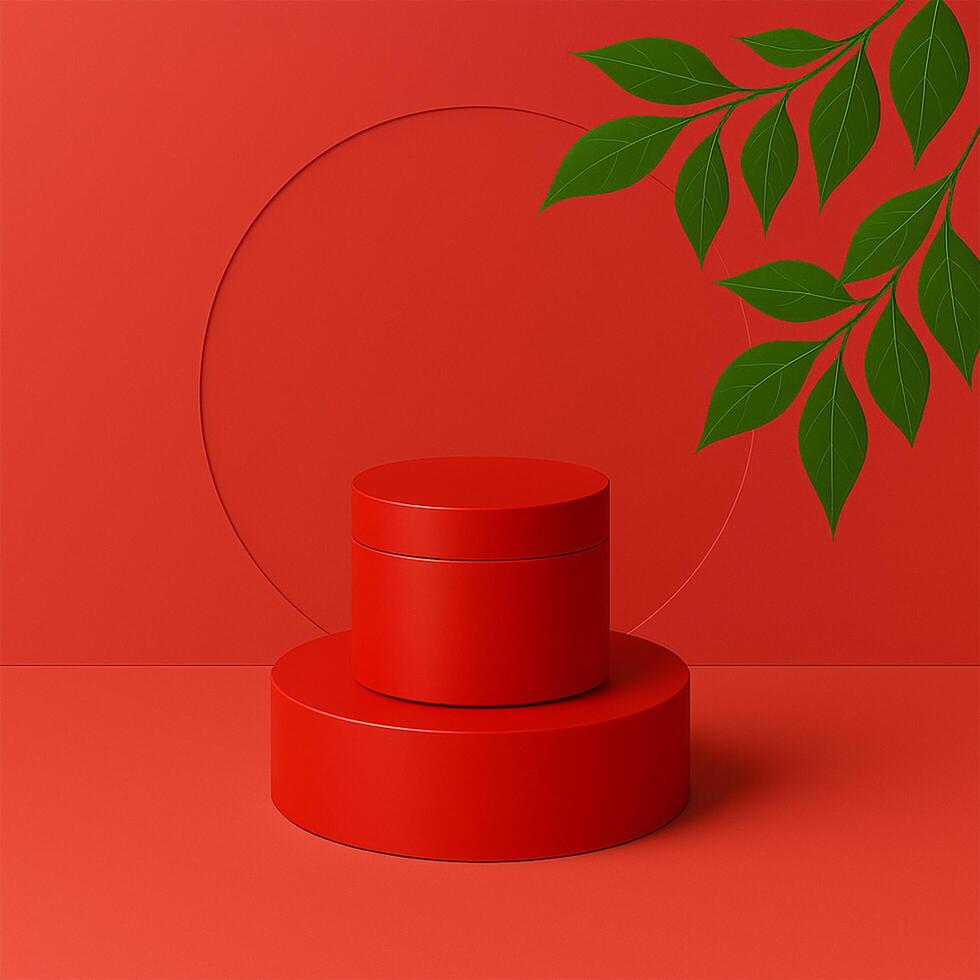 A display combining Cherry Red elements with Dill Green foliage, creating a vibrant and organic feel. photo