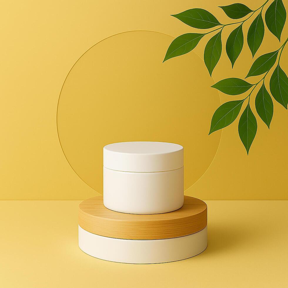 A skincare product showcased on a wooden pedestal, surrounded by Butter Yellow tones and natural elements, evoking warmth and sustainability. photo