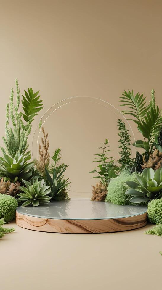 A round table with plants and a glass top photo