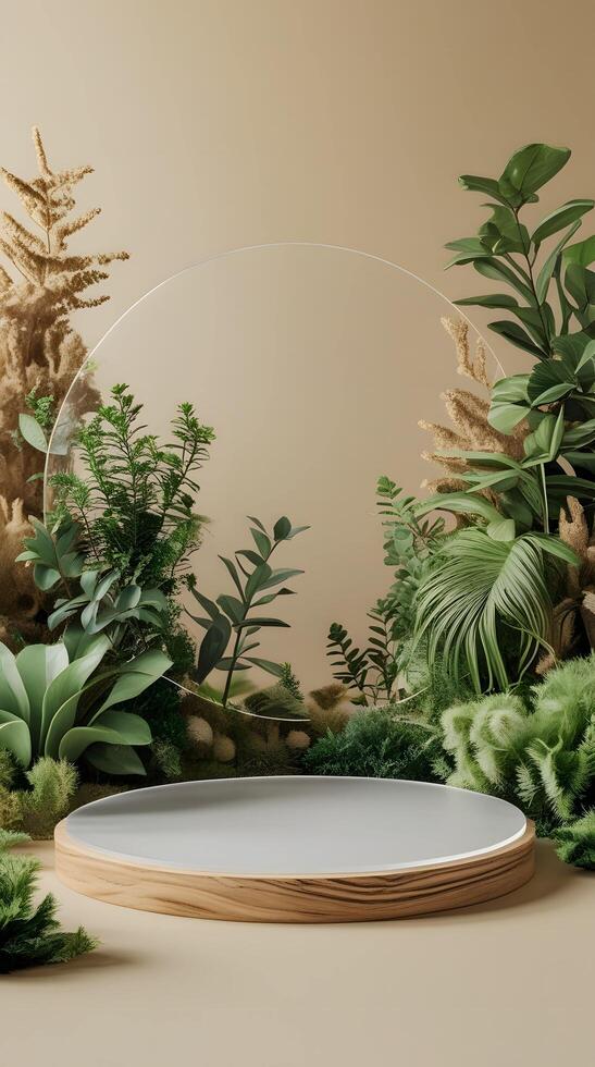A round table with plants and a glass dome photo