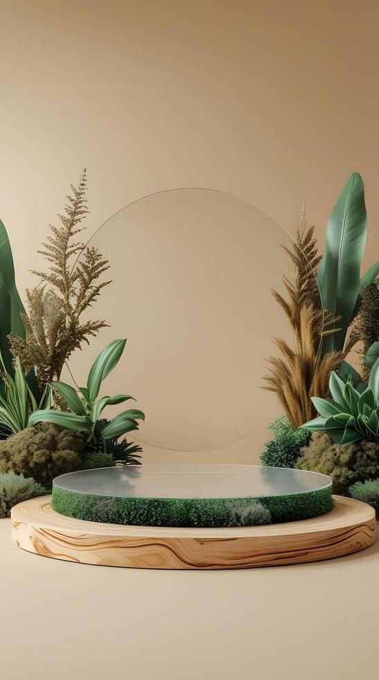 A stage with plants and a wooden platform photo