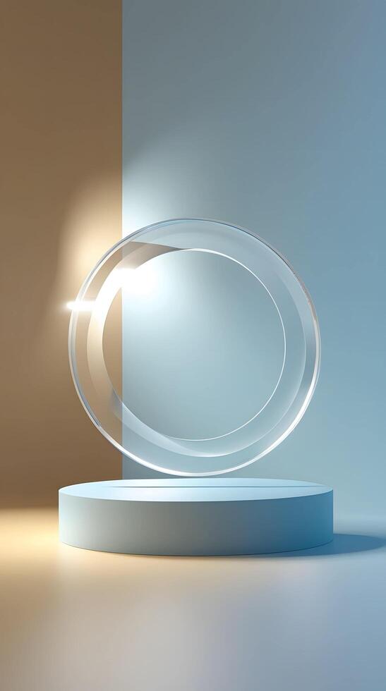 A glass trophy on a stand in front of a wall photo