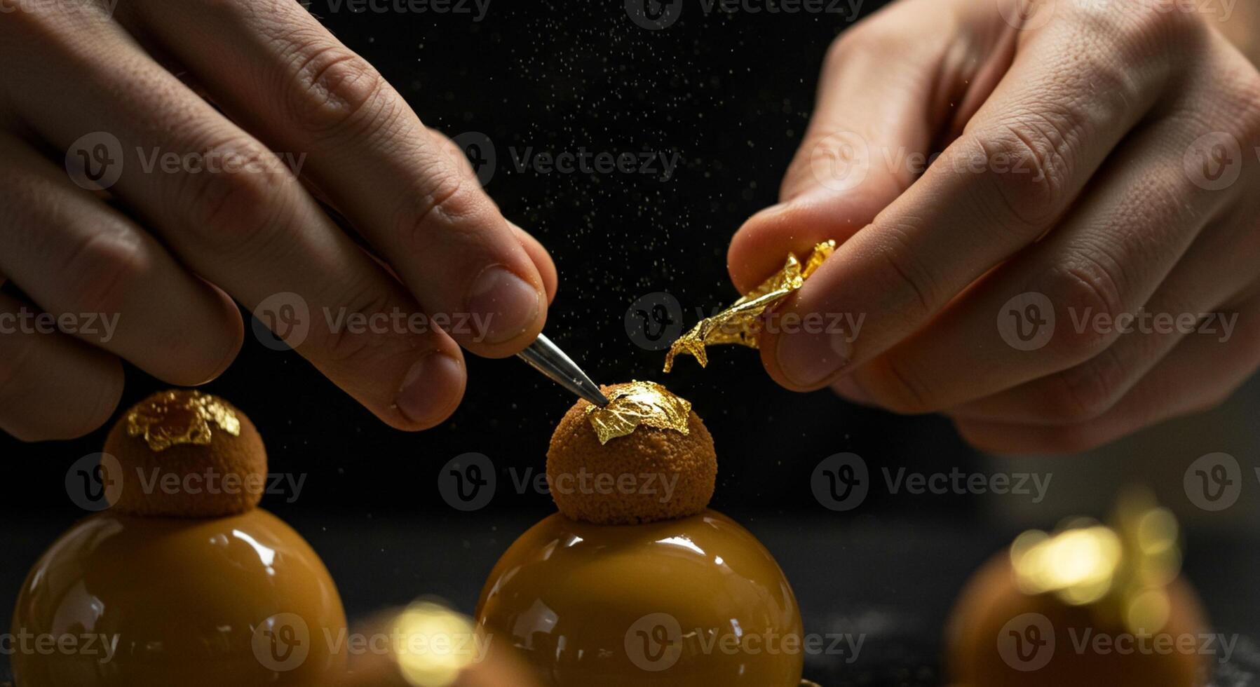 Hands decorate round dessert with gold leaf on surface in dark kitchen food preparation setup photo