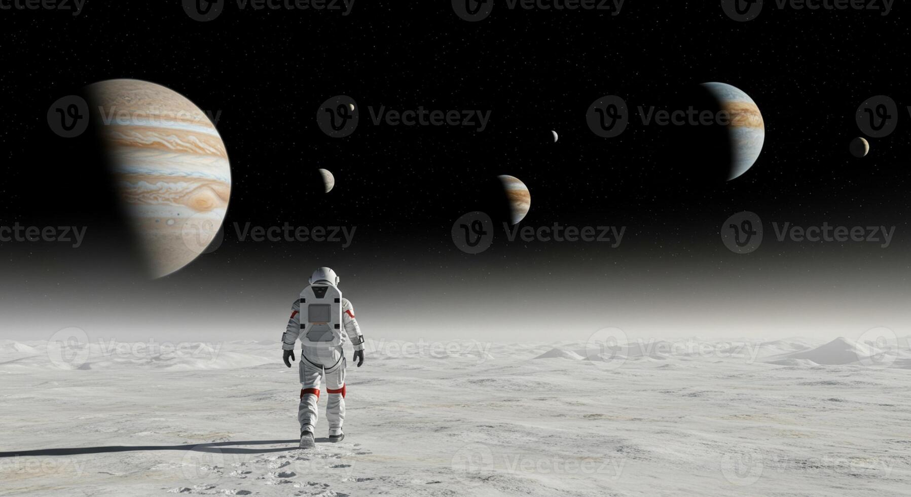 Lone astronaut explores desolate planet gazing at distant jupiter in starry space under unknown circumstances photo