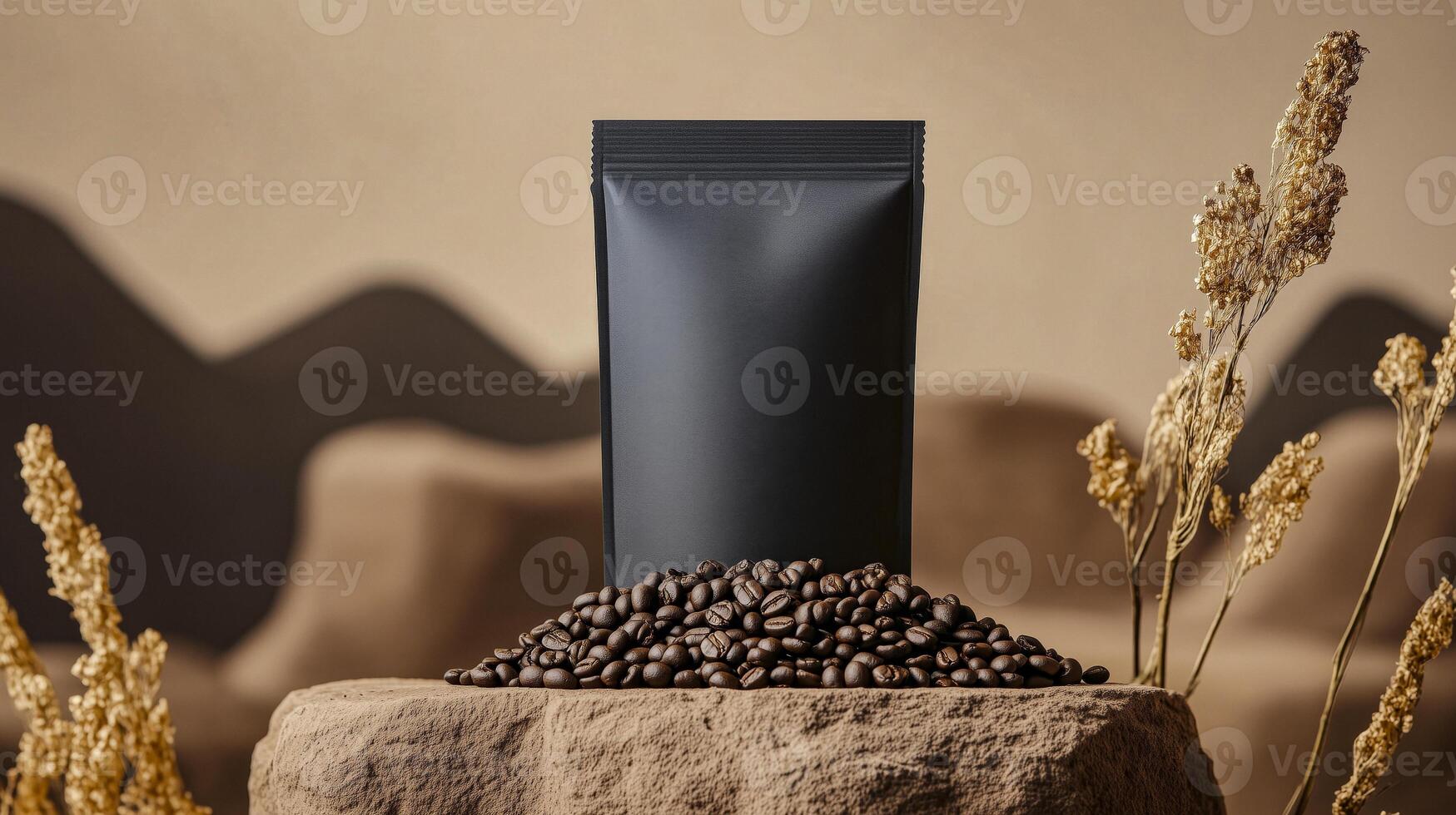 A black coffee bag with beans on a rock photo