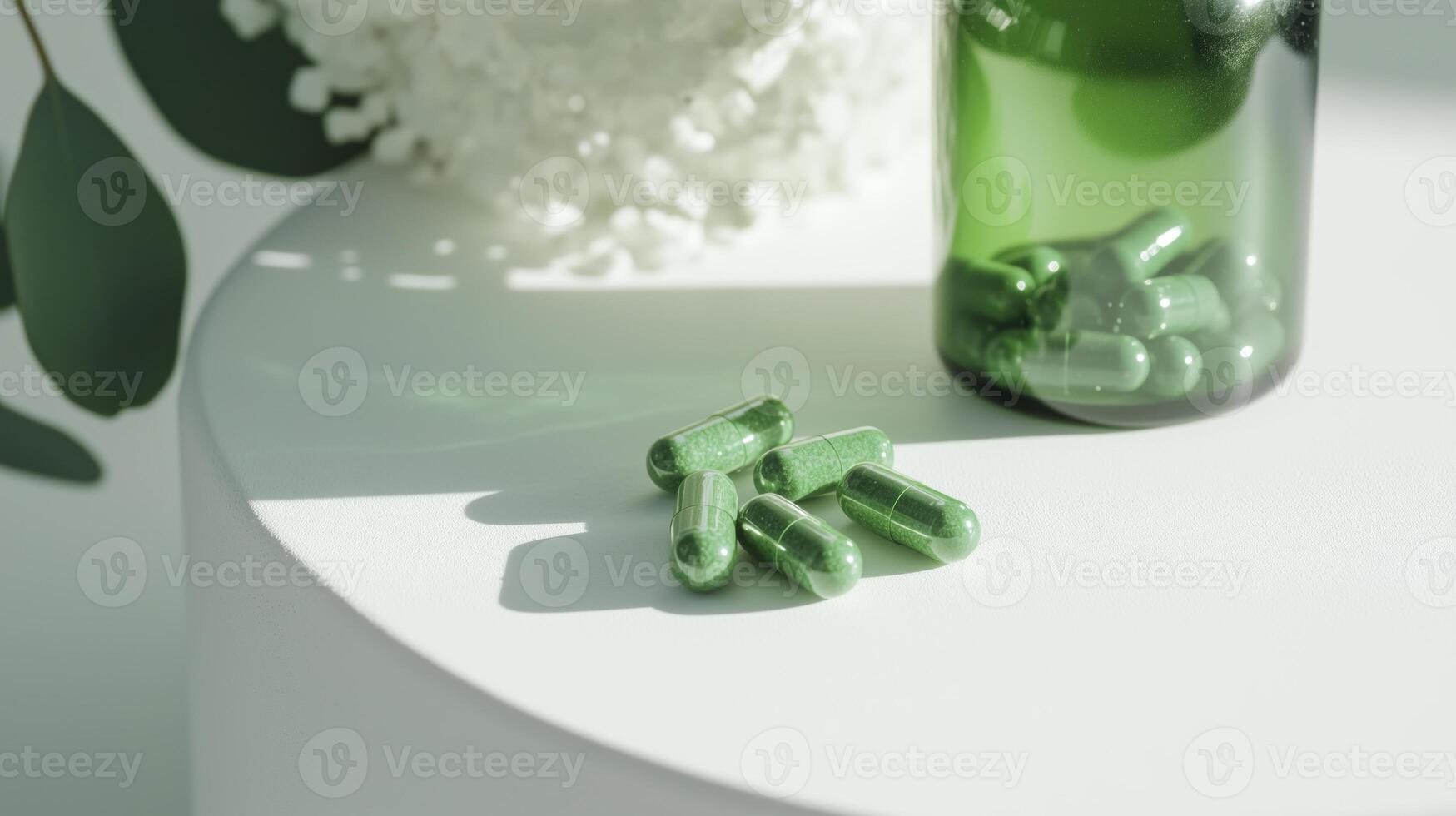 Green pills and a bottle of vitamin c photo
