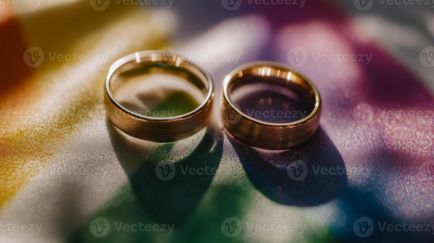 Two wedding rings on a rainbow colored background photo