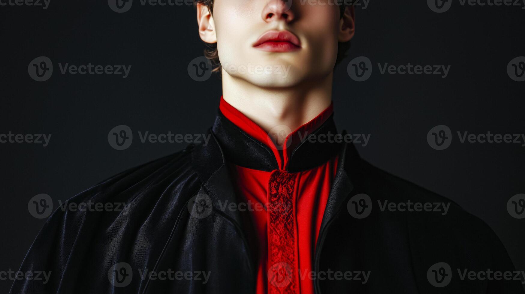 A man in a black jacket and red shirt photo