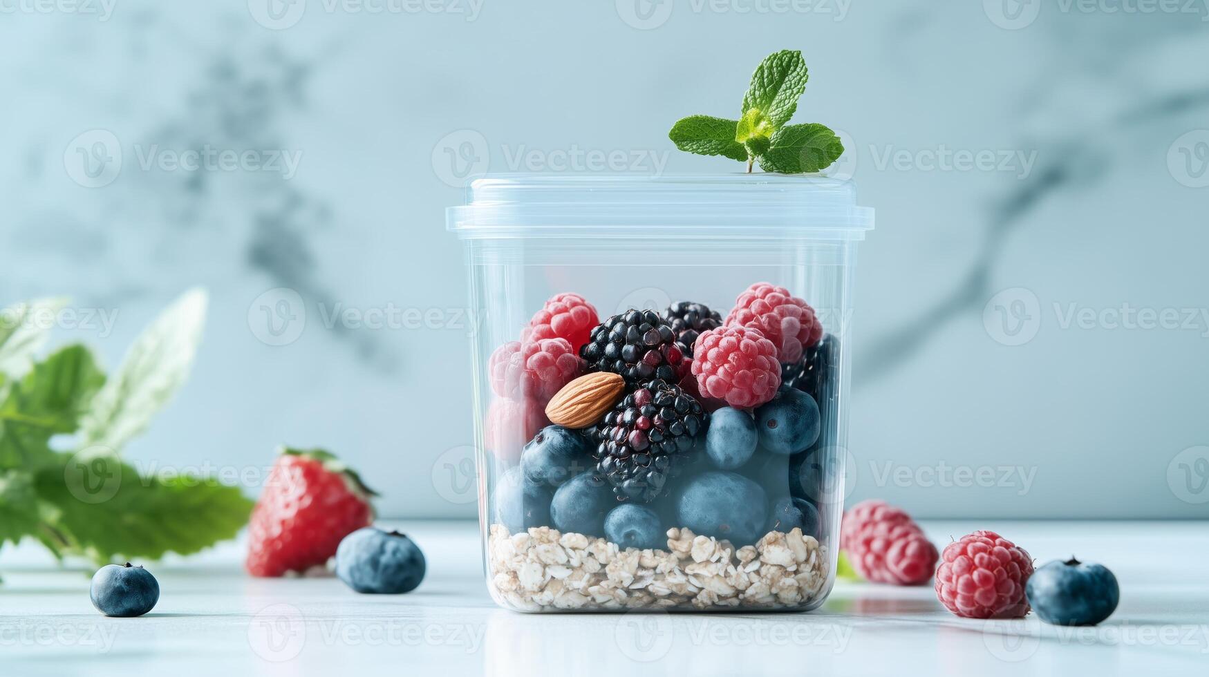 Berries and oats in a plastic container on a white background photo