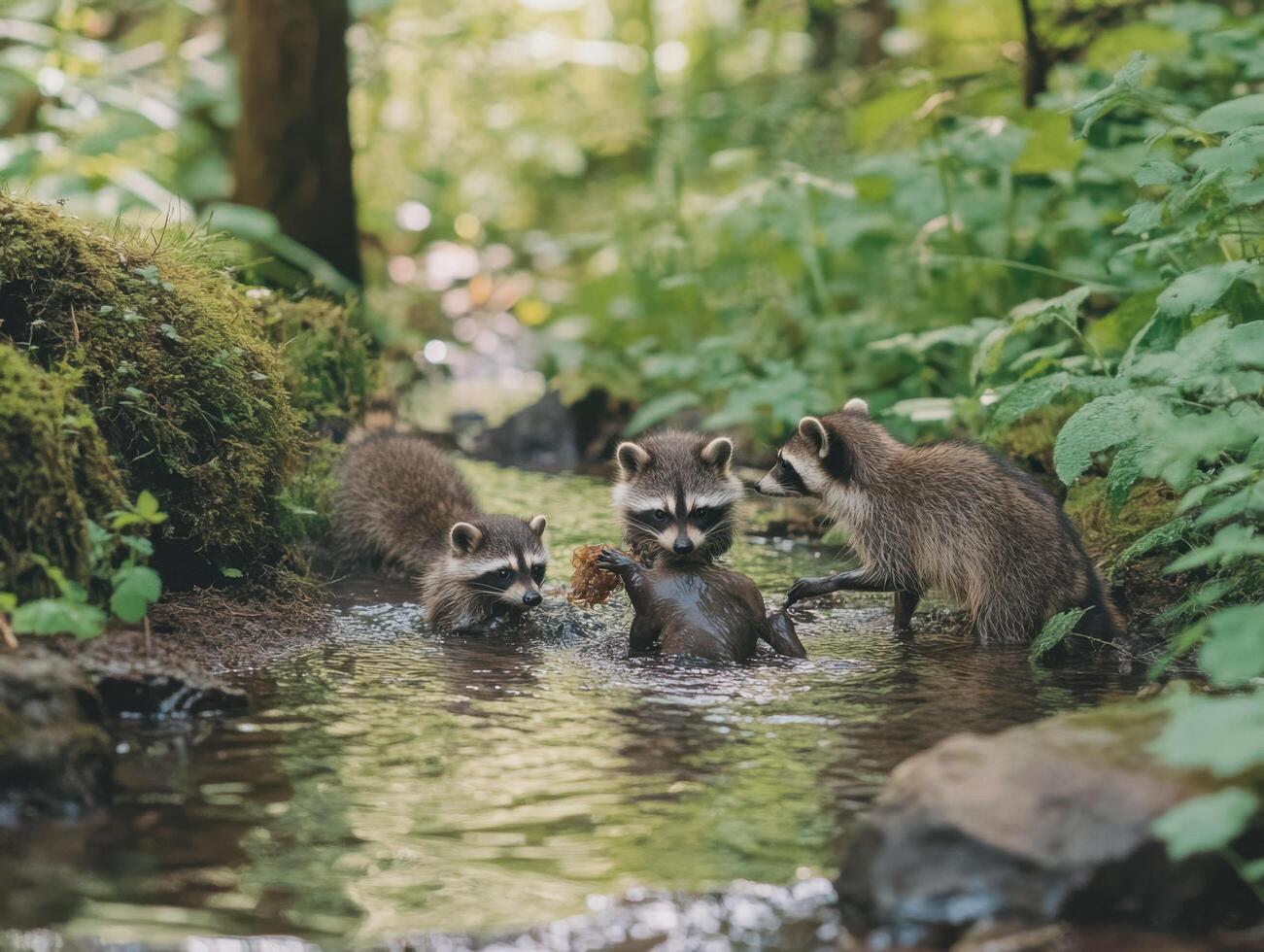 Clever Raccoon Family Demonstrates Skillful Food Techniques photo