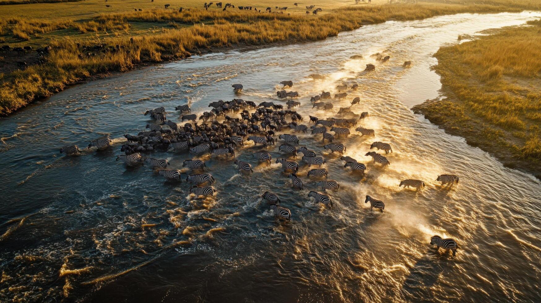 Dynamic Scene Of Wildlife Braving Hot River Crossing photo