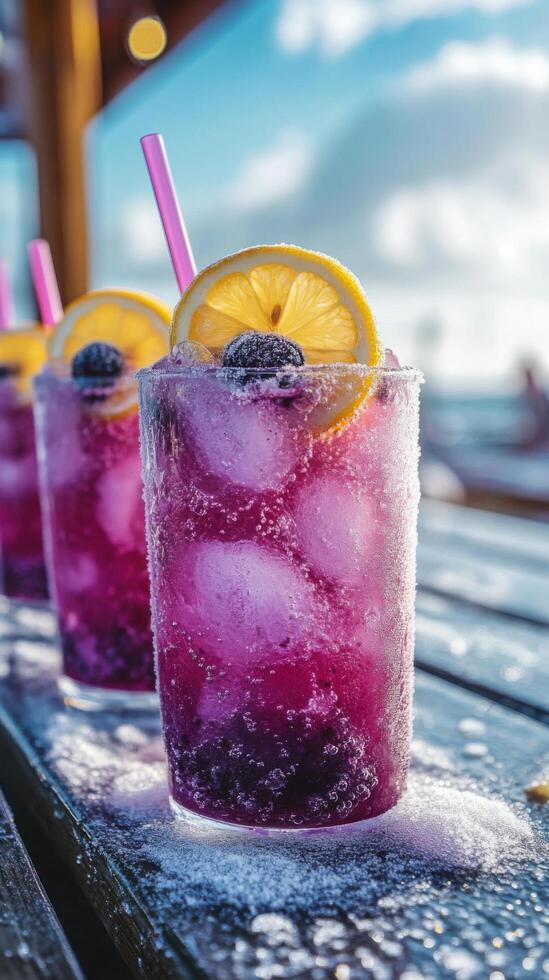 Icy Blueberry Lemonade Refreshment on Beach Boardwalk photo