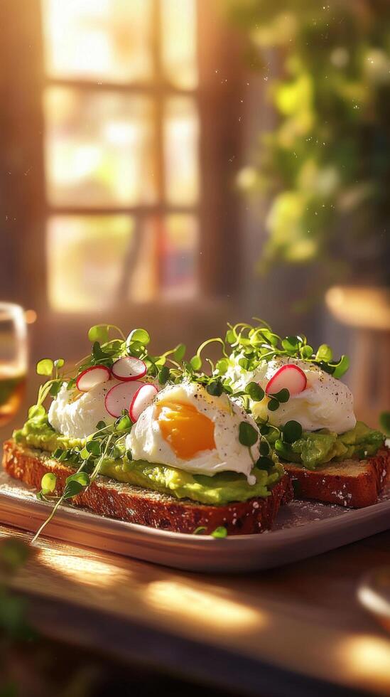 Luscious Avocado Slices Served on Warm Rustic Toast photo