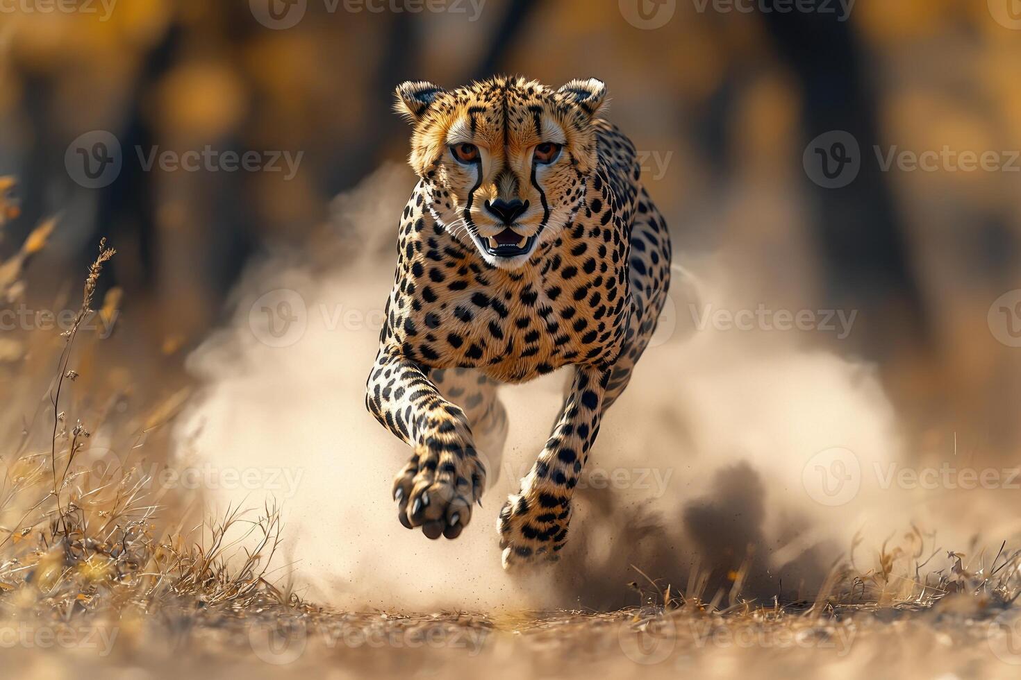 Cheetah Running Through Dust Cloud photo