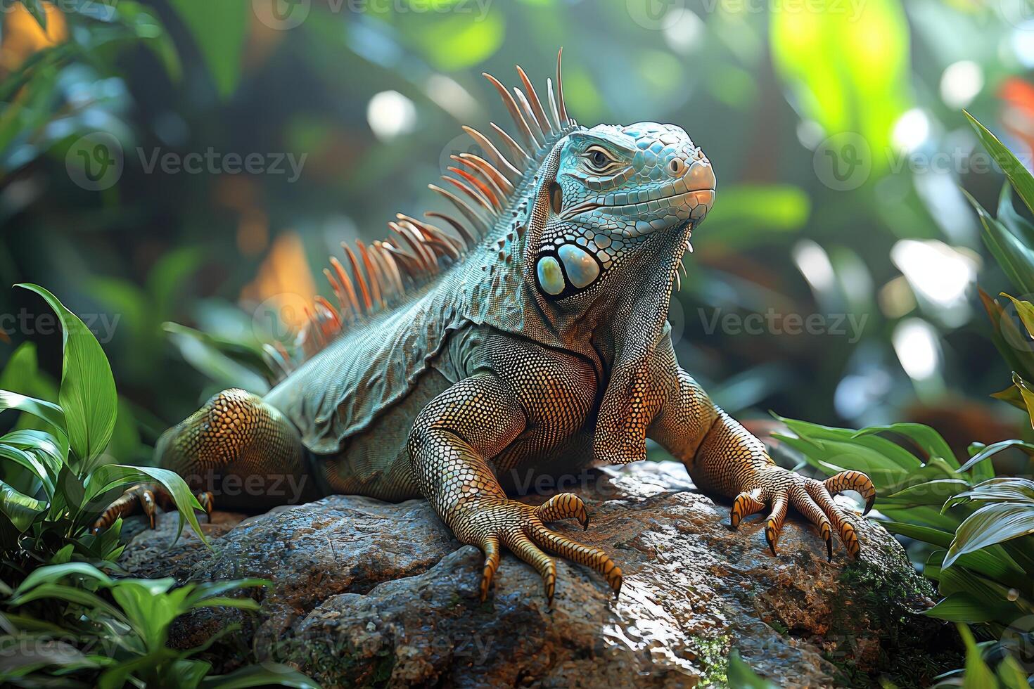 Green Iguana Resting On Rock In Lush Tropical Foliage photo
