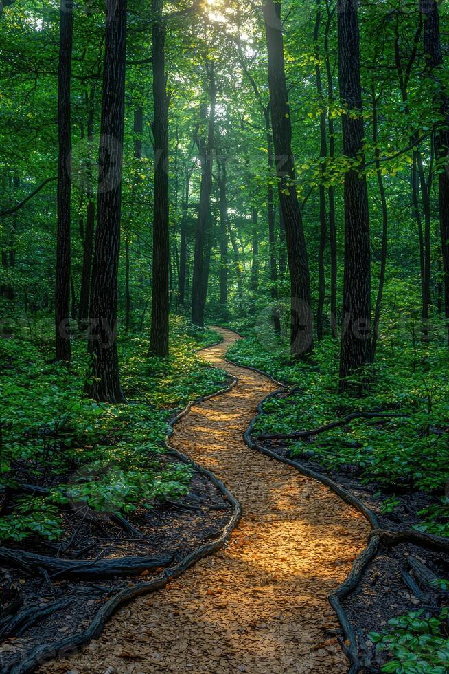 Sunlit Forest Path Through Lush Green Trees photo