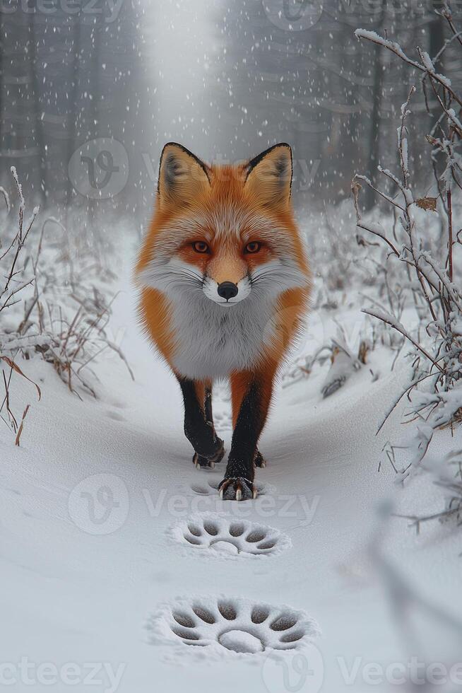 A fox walking through the snow with footprints photo