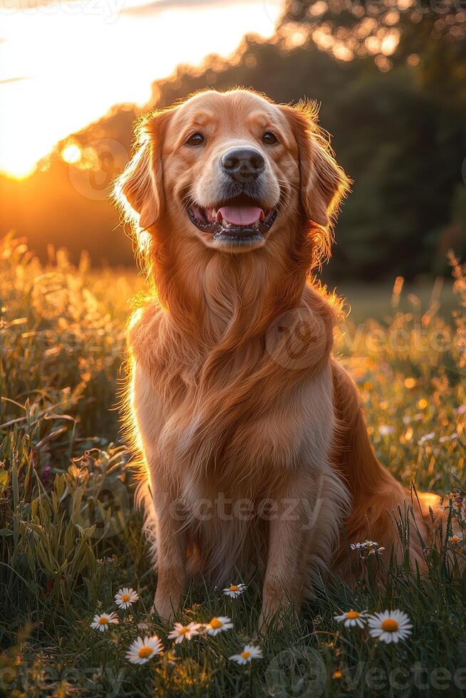 A dog sitting in a field of flowers at sunset photo