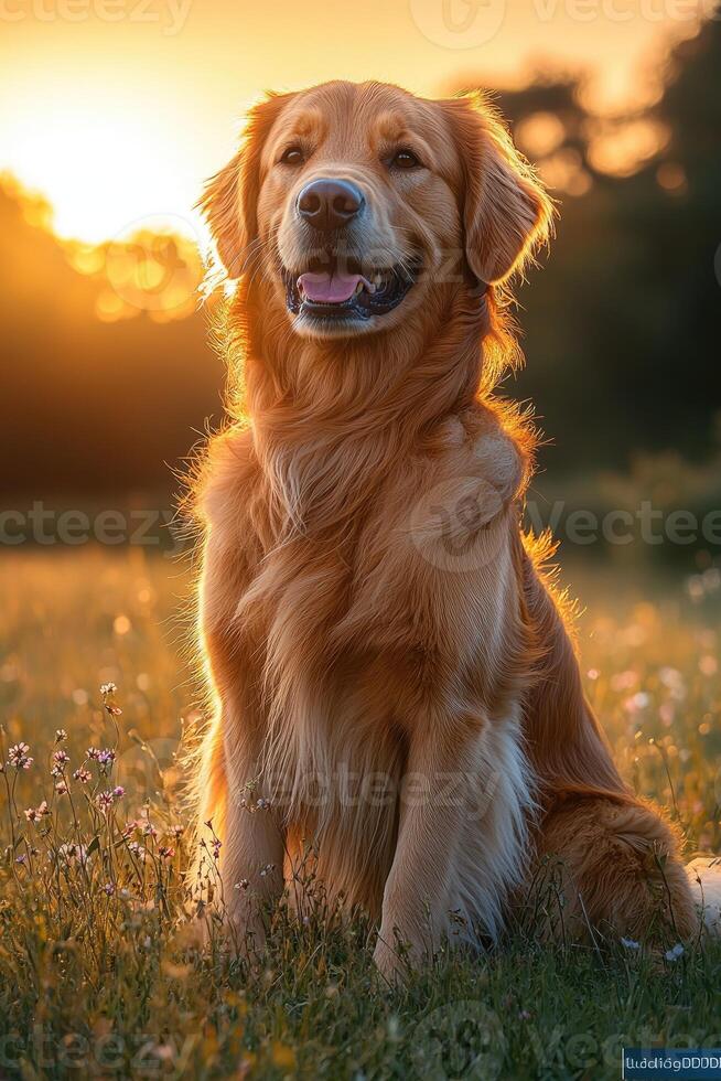 A golden retriever sitting in a field photo