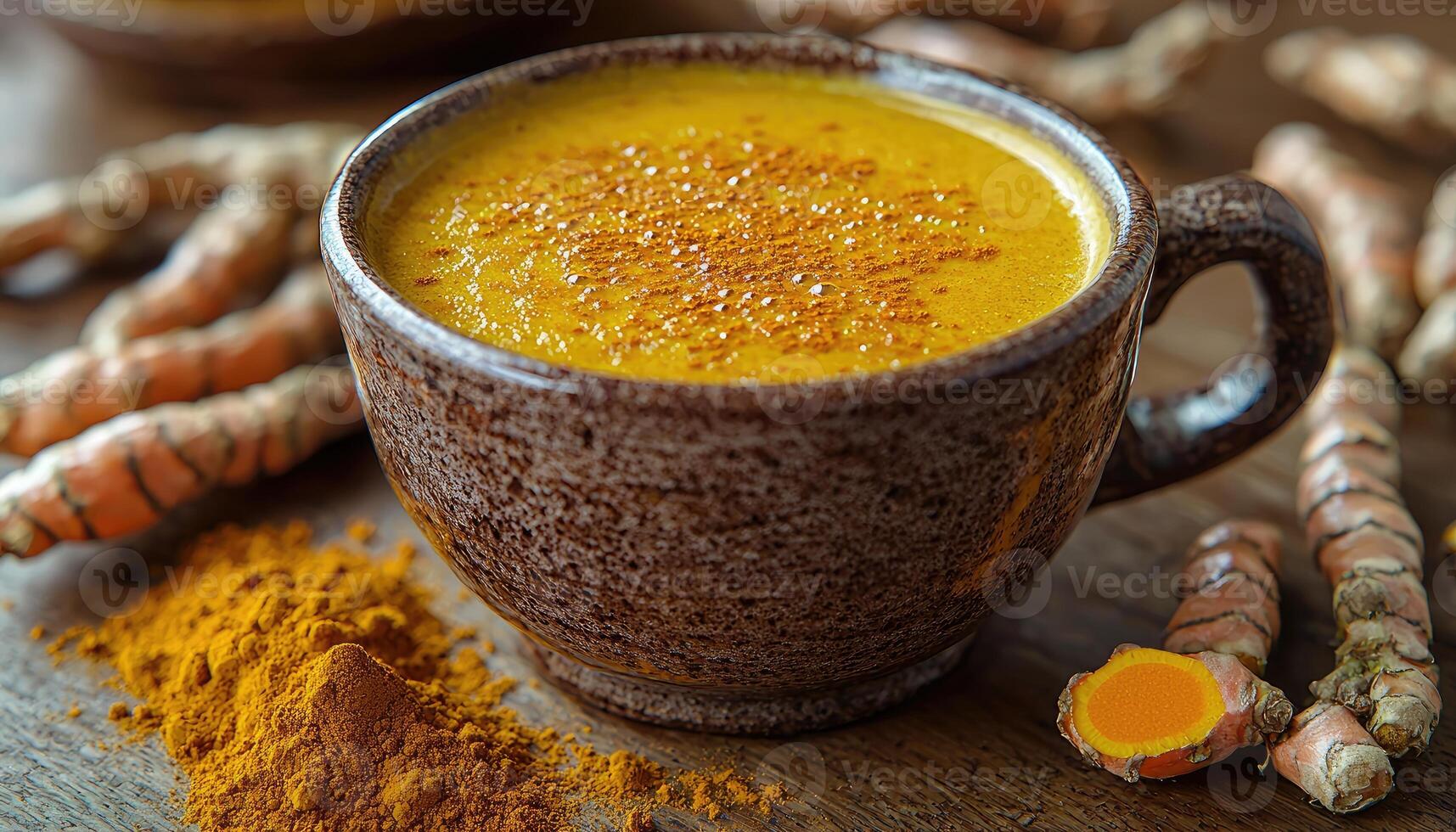 Turmeric Latte in Earthenware Mug with Roots photo