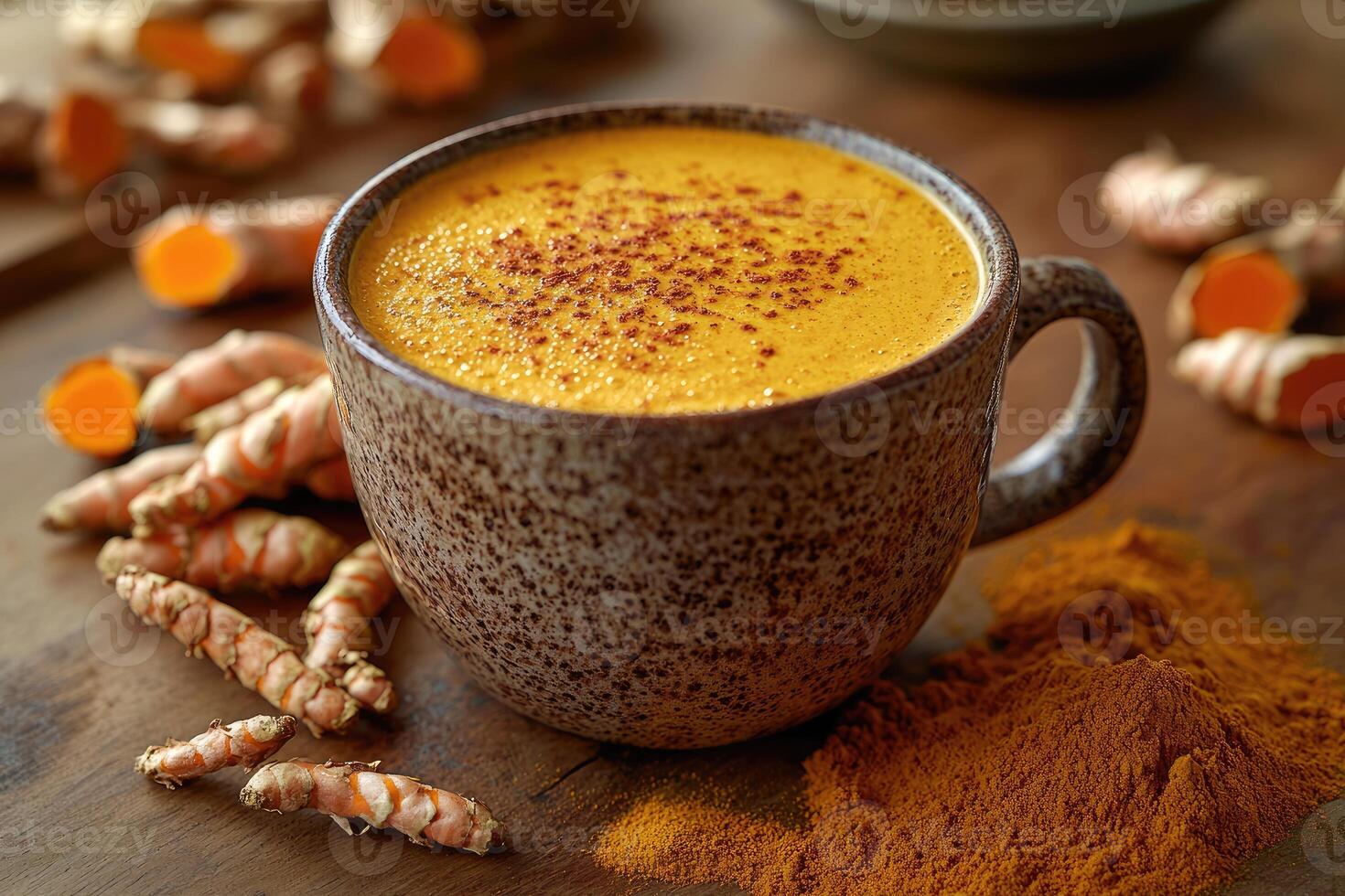 Latte in Rustic Mug with Roots photo
