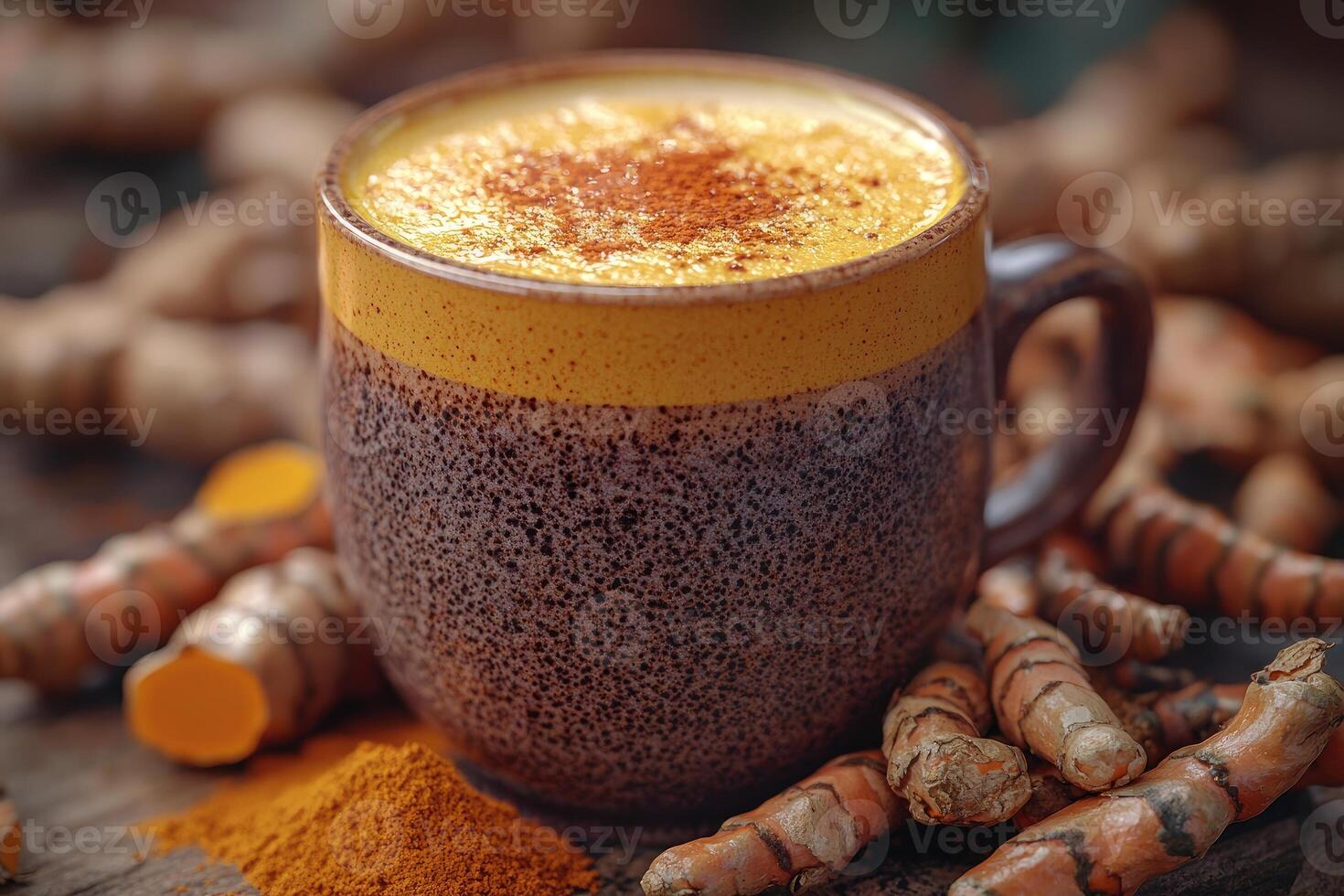 Turmeric Latte in Rustic Mug with Roots photo