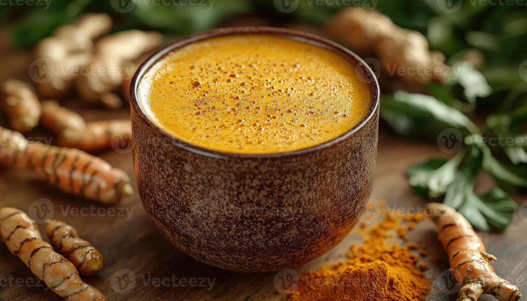 Golden Turmeric Latte in Rustic Bowl with Roots photo