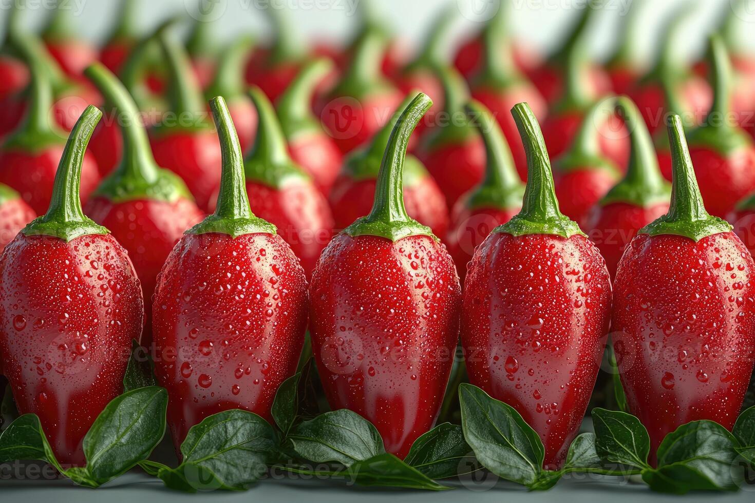 Dewy Red Chili Peppers Arranged In Rows photo