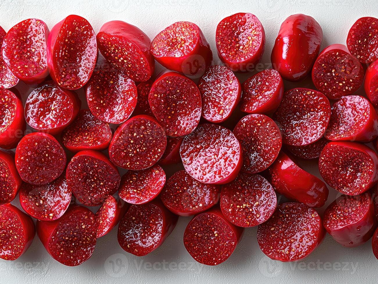 Red prickly pear cactus fruit halves arranged neatly photo