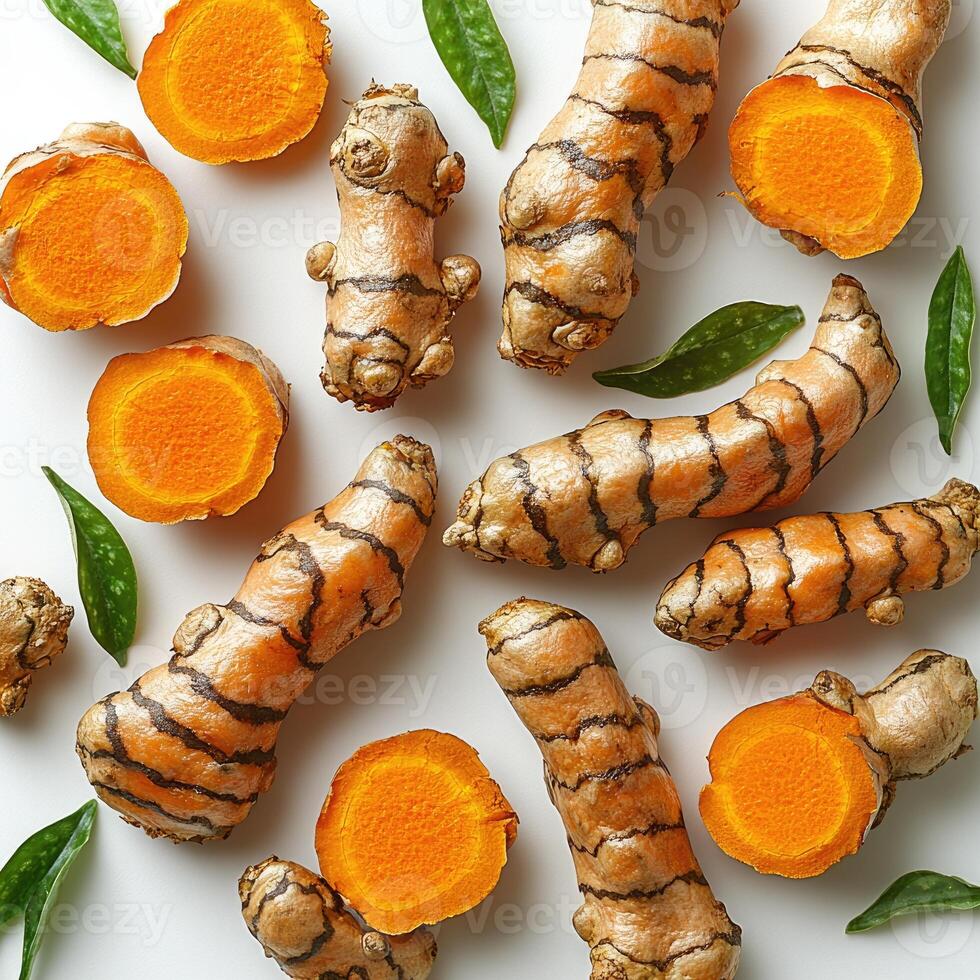 Turmeric roots and slices with green leaves displayed photo
