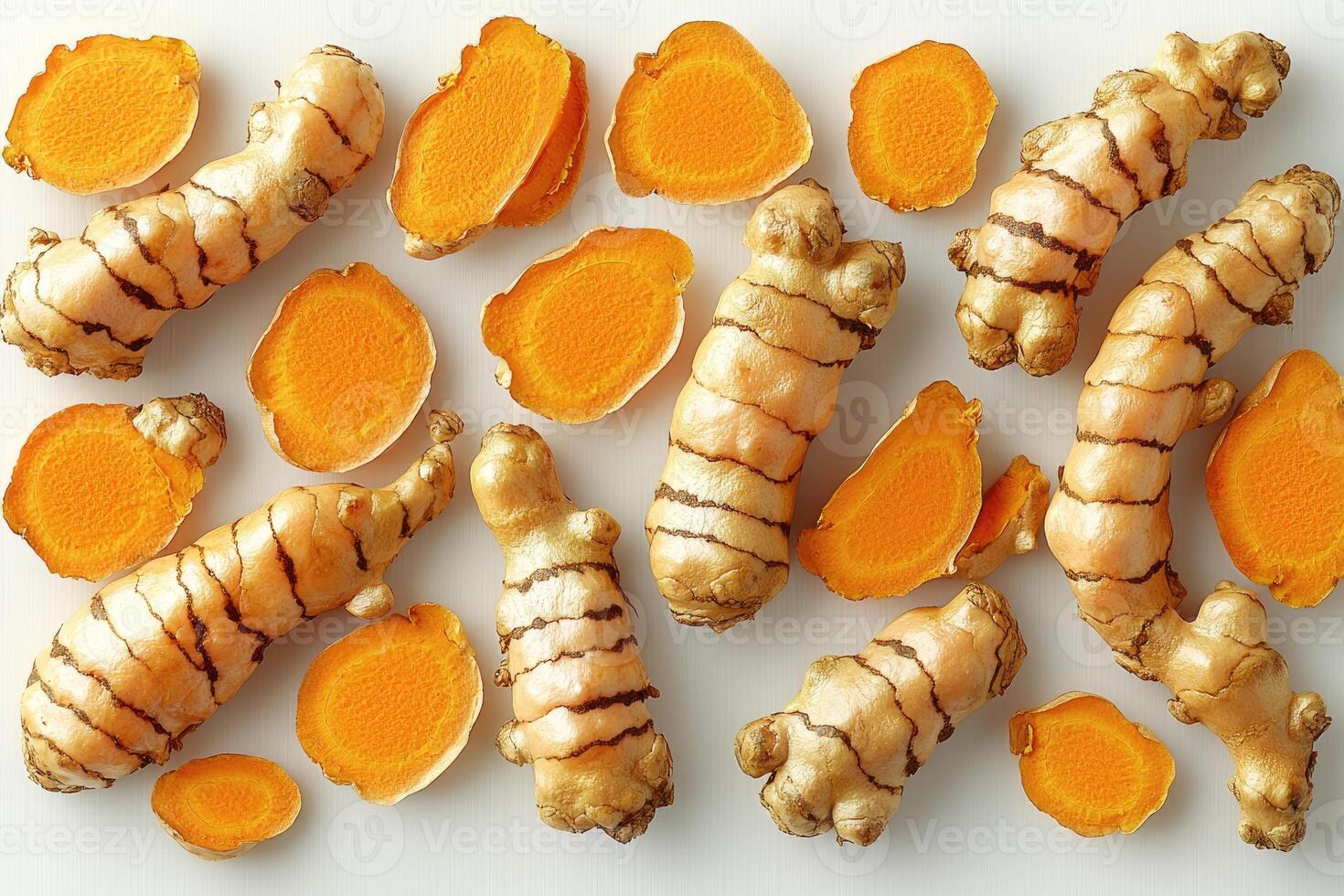 Whole and Sliced Turmeric Roots Arranged on White Background photo