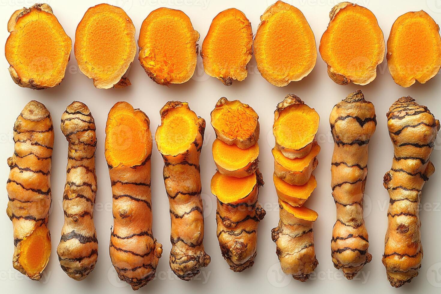 Turmeric Root Slices Displayed in Rows Showing Texture and Color photo