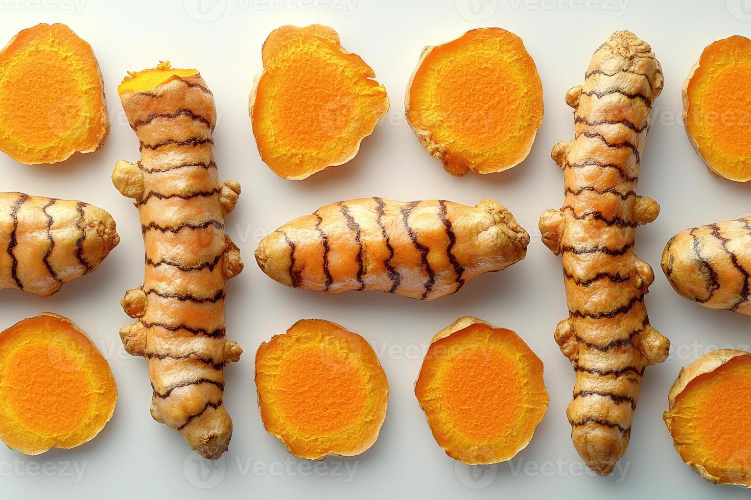 Fresh Turmeric Roots and Slices Arranged on White Background photo