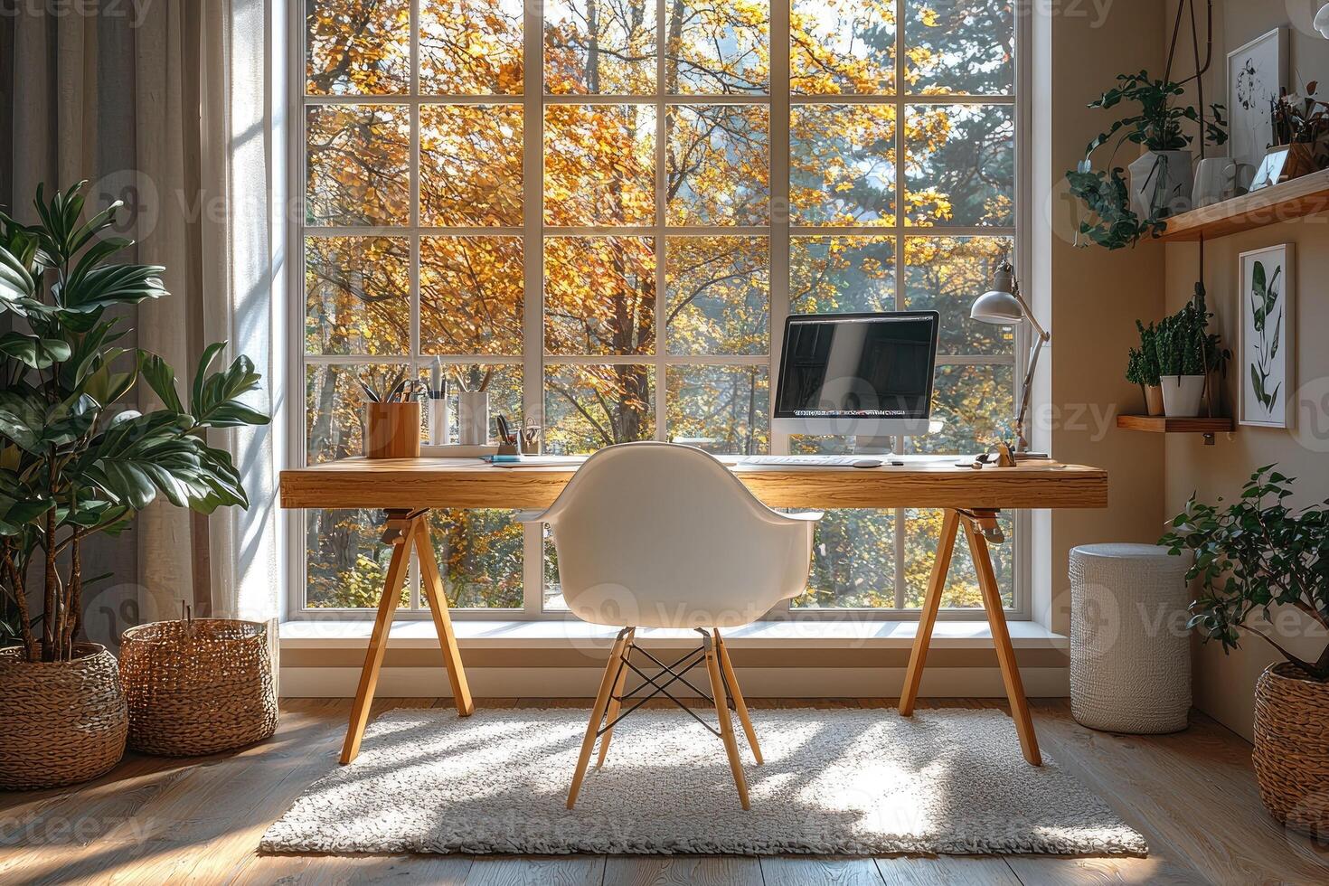 Autumnal Workspace Near Window With Plants And Computer photo