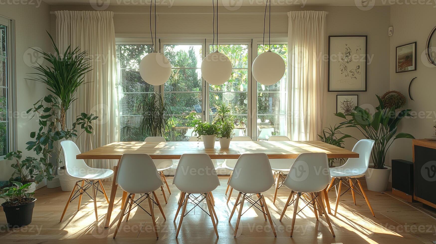Sunlit Dining Room With Plants And Modern Chairs photo